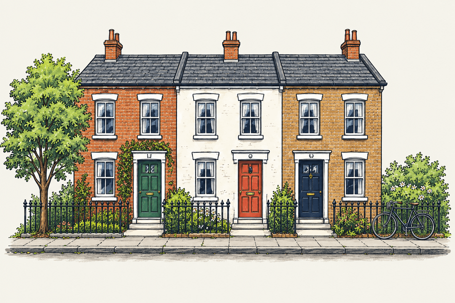 Intricate pen-and-watercolour illustration of three British terraced houses with slate roofs, brickwork, colourful front doors, trees and a bicycle.